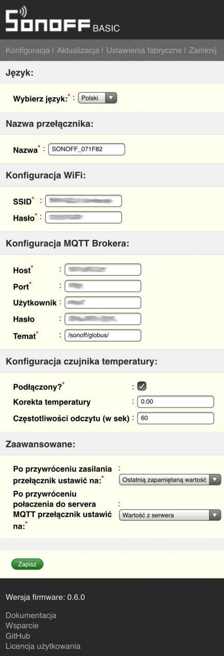 Konfiguracja firmware do Sonoff AFE