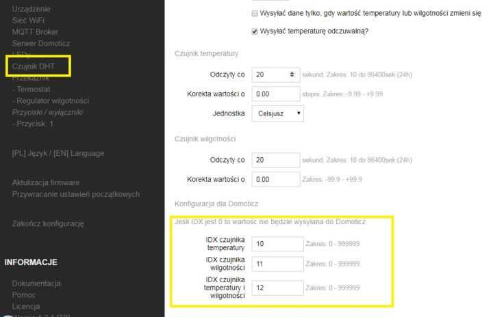 AFE Firmware T2 DH Domoticz konfiguracja