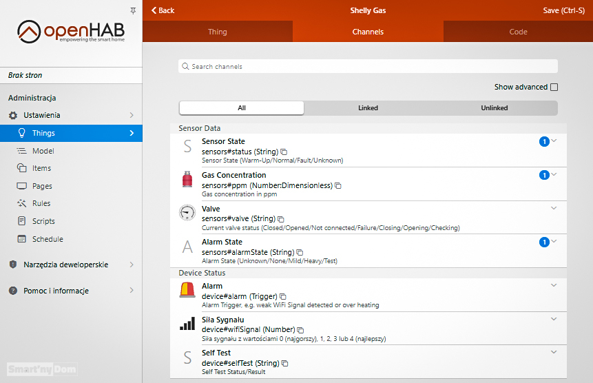 Czujnik Shelly Gaz pracujący w OpenHab